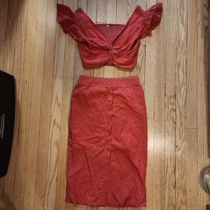Small 2 Piece Dress Skirt Top Cropped Button Detail Skirt Coral Orange